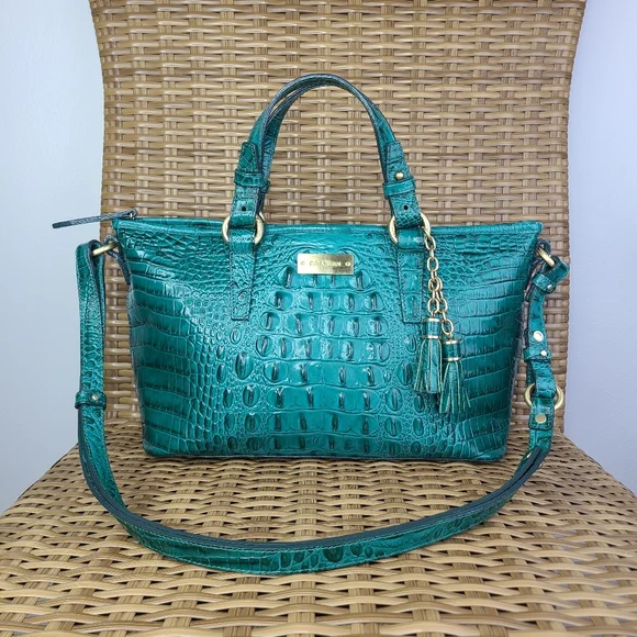 Brahmin Teal Blue Crocodile Embossed Leather Bag Tassel Charm - Picture 1 of 16